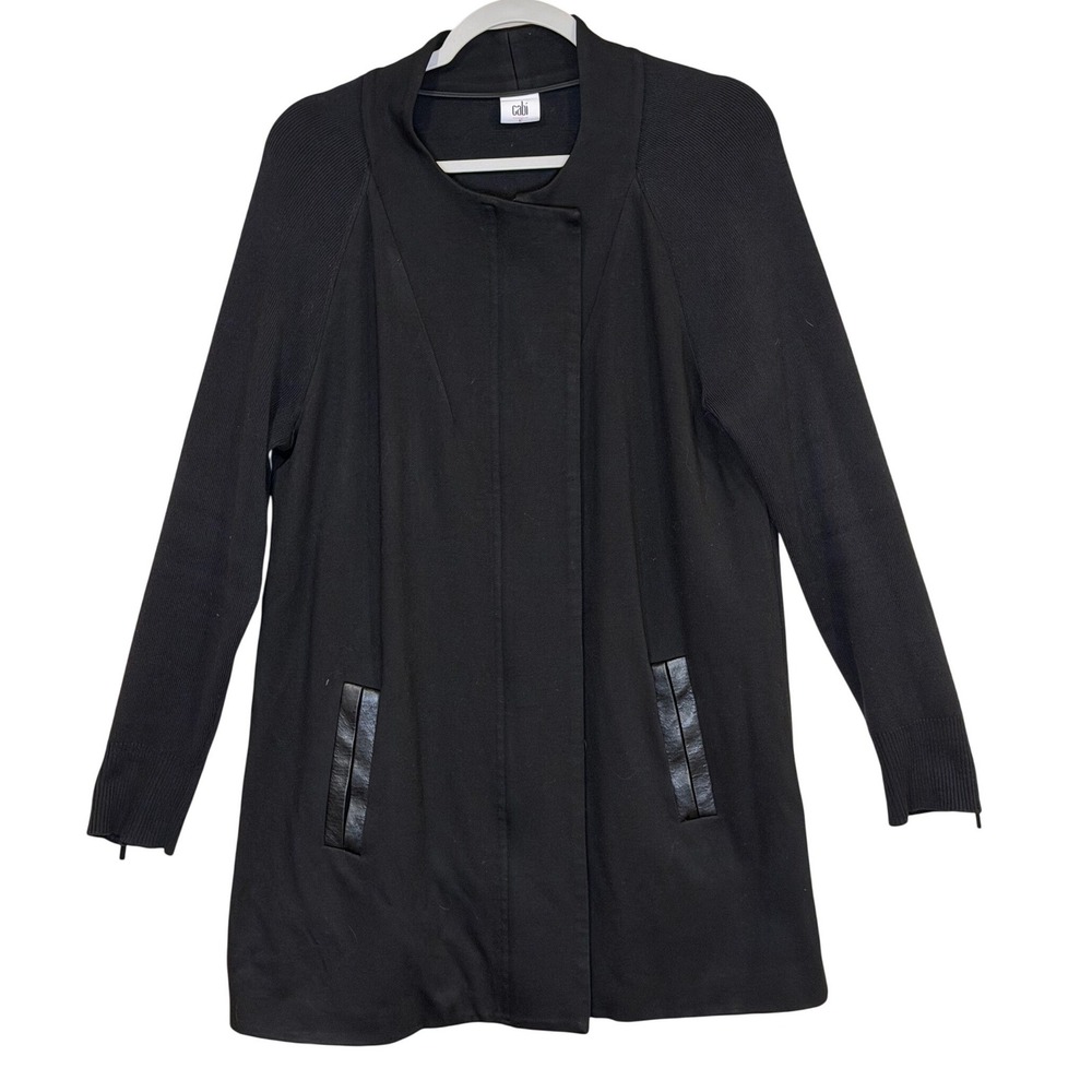 Cabi Womens Jacket Black Large Mixed Media Faux Leather Trim Zip‎ Moto Goth